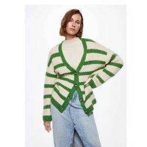 MNG Mango Green/White‎ Steiped Cardigan Button Up Fuzzy Sweater Womens Large